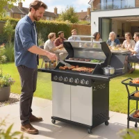 Outsunny 6+1 Burner Gas BBQ Grill, Outdoor Barbecue Trolley with Wheels, Warming Rack, Thermometer, Bottle Opener, Silver Tone(m-2)