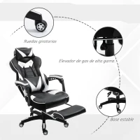 Vinsetto Silla Gaming Ergonómica Silla de Escritorio de Oficina Regulable en Altura Reclinable Respaldo con Reposapiés Reposacabezas Cojín Lumbar Ruedas 65x70x118,5-128,5 cm Blanco(m-7)