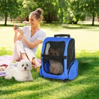 PawHut 2 in 1 Dog Backpack and Trolley, Pet Travel Backpack Cat Dog Carrier with Telescopic Handle, Portable Pet Stroller Wheel Luggage Bag (Blue)(m-2)