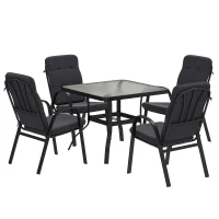 Outsunny 5 Pieces Outdoor Square Garden Dining Set w/ Tempered Glass Dining Table 4 Cushioned Armchairs, Umbrella Hole, Black(m-1)