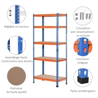 HOMCOM Étagère en métal de garage 5 niveaux capacité 1500 kg 80 x 40 x 182 cm bleu orange(m-5)