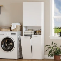 HOMCOM Mobile da Bagno a 2 Ante con Cesto Portabiancheria a Ribalta e Ripiano Aperto, 60x30x174 cm, in Legno, Bianco(m-8)