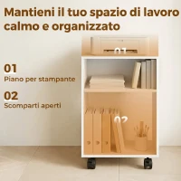 HOMCOM Mobile Porta Stampante in Legno con Ruote a Freno e 2 Scomparti Aperti, 40x35x55 cm, per Ufficio Studio, Bianco(m-4)