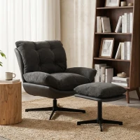 HOMCOM Accent Chair with Footstool, Swivel Lounge Chair with Chenille Upholstery, Metal Base, Dark Grey(m-10)