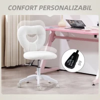 HOMCOM Scaun de birou tapițat cu spătar în formă de inimă și roți, din catifea Teddy și plastic, 45x56x78-88 cm, alb(m-7)