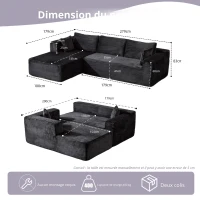 Canapé d'angle modulaire en L avec chaise longue, design minimaliste et gain de place, assise profonde, 279x179x83 cm, noir(m-3)