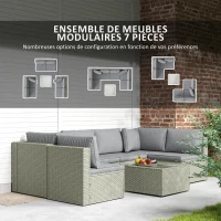 Outsunny Salon de jardin extérieur modulable 6 personnes en résine tressée avec canapés et table basse en verre trempé, marron(m-4)