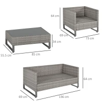 Outsunny 4 Pieces PE Rattan Garden Furniture with Cushion, Outdoor Wicker Conservatory Sofa Set w/ Armchairs, Loveseat, Glass Top Coffee Table, Grey(m-3)