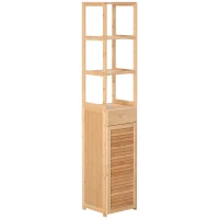 kleankin Badkamerrek, 3 open vakken, lade, lameldeur, bamboe, 32 x 30 x 163 cm(m-10)
