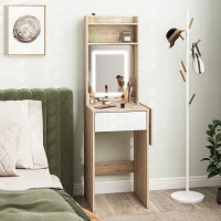 HOMCOM Small Vanity Desk with Mirror and LED Lights, Compact Dressing Table with Drop Leaf, Open Shelves, Natural Wood(m-10)