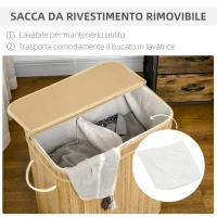 HOMCOM Cesto Portabiancheria da 90L Pieghevole con 2 Scomparti, Coperchio e Manici in Bambù(m-5)
