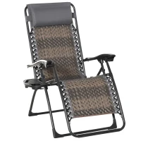 Outsunny Tumbona Plegable de Ratán con Respaldo Ajustable Reposacabezas Extraíble Portavasos y Soporte para Teléfono Jardín Terraza al Aire Libre 65x70x110 cm Gris(m-11)