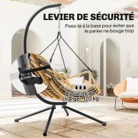 Outsunny Fauteuil suspendu en résine tressée avec support, chaise suspendue, coussin, attache de sécurité, hauteur réglable, gris(m-8)