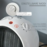 HOMCOM luchtverhitter elektrische kachel kachel kachel warmte 900W / 1500W PP kunststof wit + zwart 22 x 18.5 x 21 cm(m-6)