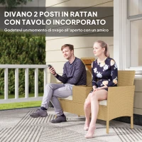 Outsunny Panca da Giardino con Tavolino a Ribalta Portaoggetti, in Rattan e Acciaio, 134x58x82 cm, Crema e Cachi(m-3)