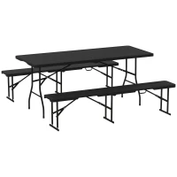 Outsunny Picknicktafel en Banken, 3-Delige Set, Opvouwbaar, Kunststof, Metaal, Zwart(m-11)