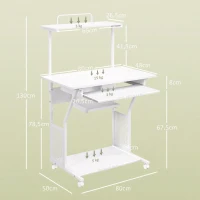 HOMCOM Mesa Escritorio de Ordenador Móvil con Bandeja para Teclado Estante para CPU Estantes y Ruedas 80x50x130 cm Blanco(m-3)