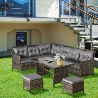 Outsunny Ensemble salon de jardin 8 personnes grand confort 3 canapés d'angle + 2 poufs + table à manger 12 coussins assise & dossier fournis polyester écru résine tressée gris(m-10)