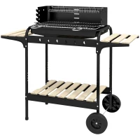 Outsunny Metalen Houtskoolgrill BBQ Smoker met Wielen, Verstelbaar Grillrooster, Houten Plank 103x47x95 cm Zwart(m-10)