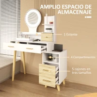 HOMCOM Tocador con Espejo y Luces LED Ajustables con 5 Cajones 4 Compartimentos y 1 Estante 100x44x137 cm Blanco y Natural(m-5)