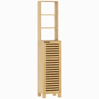 HOMCOM Smalle badkamerkast, hoge kast met 3 open planken, verstelbare planken, lamellendeur, 34 x 30 x 170 cm Naturel(m-1)