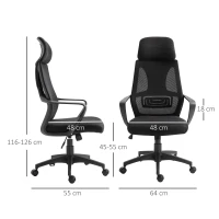 Vinsetto Chaise bureau ergonomique, fauteuil de bureau en maille, appui-tête, hauteur réglable, 64 x 55 x 116-126 cm, noir(m-3)