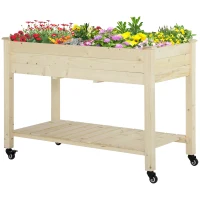 Outsunny Verhoogd bed met wielen plantentafel bloembak met afvoer massief houten vliesstof(m-10)