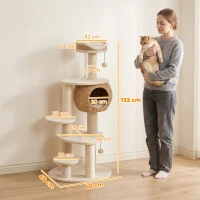 PawHut Grote krabpaal van 132 cm met handgevlochten kattenhuis van lisdodde, sisalpalen, ligbed, 3 speelballen en anti-kantelband, voor 1-2 katten tot 6 kg(m-3)