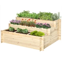 Outsunny Houten Verhoogde Bloembak, 3 Lagen, Voering van Vliesstof, Gelakt Natuurlijk Hout, 117 x 100 x 54 cm(m-10)