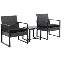 Outsunny Salon de jardin 2 places 3 pièces 2 chaises avec coussins + table basse plateau verre trempé résine tressée 4 fils imitation rotin gris(m-12)