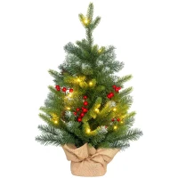 HOMCOM Brad de Crăciun de masă 60 cm cu 20 lumini LED 141 ramuri 5 conuri 5 buchete de bobițe roșii și suport metalic Verde(m-7)