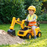 AIYAPLAY Tractopelle Enfant, Porteur Pelleteuse avec Casque de Sécurité, Klaxon et Bras d'Excavation Amovible, 1 à 4 Ans, Jaune(m-16)