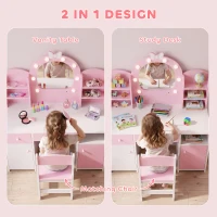 AIYAPLAY Kids Vanity Set, Kids Dressing Table with Stool, 2-Colour Lights Mirror, Cabinet, Drawer and Shelves, Pink(m-7)
