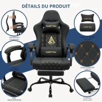 Fauteuil gamer avec repose-pieds, coussin doux pour la nuque et les lombaires, coussin de soutien amovible, 60x60x122 cm, Noir(m-4)