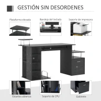 HOMCOM Mesa de Escritorio con 6 Estantes Cajón Bandeja de Teclado y Soportes para Monitor Impresora 152x60x88 cm Negro(m-4)