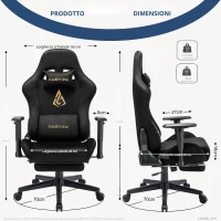 Sedia da gaming con poggiapiedi, in similpelle scamosciata traspirante, regolabile in altezza con pistone a gas, girevole, 70x70x135 cm, Nero(m-3)