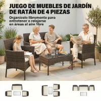Outsunny Conjunto de Muebles de Jardín de Ratán Sintético con Sofá Sillones y Mesa de Centro con Vidrio Templado y Cojines Marrón(m-4)