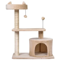 PawHut kattenboom 3 verdiepingen krabpaal kattengrot met sisal palen krabplank pluche beige(m-11)