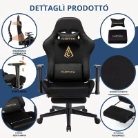 Sedia da gaming con poggiapiedi, in similpelle scamosciata traspirante, regolabile in altezza con pistone a gas, girevole, 70x70x135 cm, Nero(m-5)