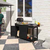 Outsunny Grillwagen Serveerwagen met Werkblad, Uitklapbare Zijplank, Kast, Spoelbak, Wielen, Roestvrij Staal 162,5x47x87cm Zwart(m-8)