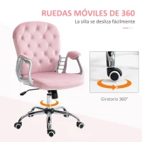 Vinsetto Silla de Escritorio de Terciopelo con Altura Ajustable Reposabrazos y Decoraciones de Diamantes 59,5x60,5x93-103 cm Rosa(m-6)