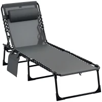Outsunny Ligstoel, Opvouwbare Ligstoel met Nekkussen, Stalen Frame, Netstof Bekleding, 120 kg Draagvermogen, Grijs(m-11)