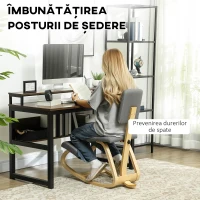 HOMCOM Scaun ergonomic tip genunchier balansant, din material textil cu efect de in și lemn de mesteacăn, 51x84x93 cm, gri(m-4)