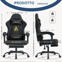 Sedia da gaming con poggiapiedi, morbido cuscino per collo e lombare, cuscini di supporto rimovibili, 60x60x122 cm, Nero(m-3)