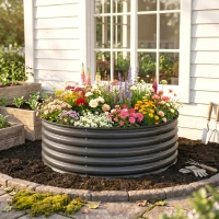 Outsunny Verhoogd Bed, Gegalvaniseerde Plantenbak met Veiligheidsrand, Plantenbox met Open Bodem, 120 x 120 x 43 cm, Donkergrijs(m-9)