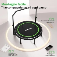 Rebounder-Trampolino per adulti, pieghevole, maniglione regolabile, pedane antiscivolo, 102x102x106 cm, Nero+Verde(m-1)