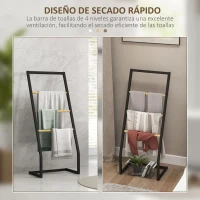 HOMCOM Toallero de Pie con 4 Barras de Bambú y Acero para Baño Lavadero 40,5x28x98 cm Negro y Natural(m-5)