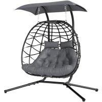 Outsunny Hangstoel, opvouwbare mandstoel met kussen, stalen frame, zonnescherm, tot 260 kg draagbaar, Donkergrijs(m-10)
