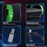 Vinsetto Scaun de Gaming cu Înălțime Reglabilă și Spătar Rabatabil, 65x65x121-129 cm, Negru și Verde(m-7)