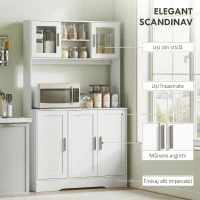 HOMCOM Servantă de Bucătărie înaltă de 180 cm, Dulap Dispensa cu 4 Dulapuri, Uși din Sticlă Securizată, 2 Rafturi Deschise, Rafturi Reglabile, Blat pentru Cuptorul cu Microunde, pentru Sala de Prânz sau Living, Alb(m-6)